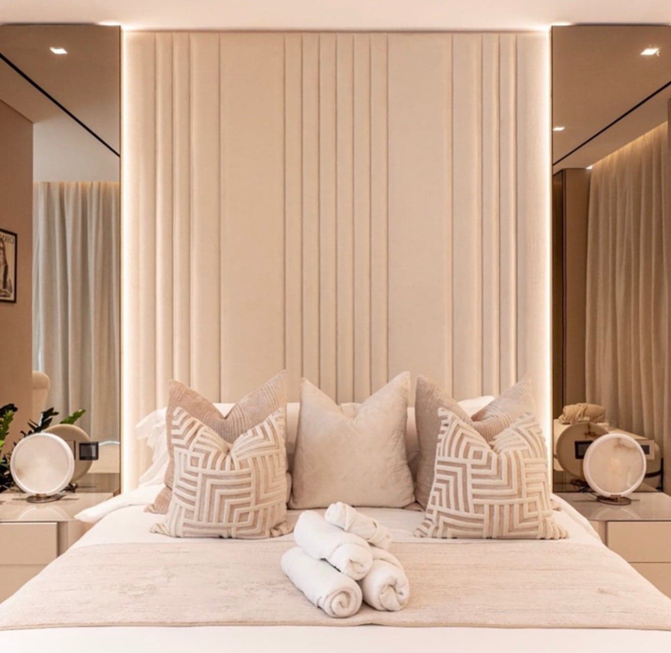 Bedroom with a ribbed floor-to-ceiling headboard panel and recessed lighting