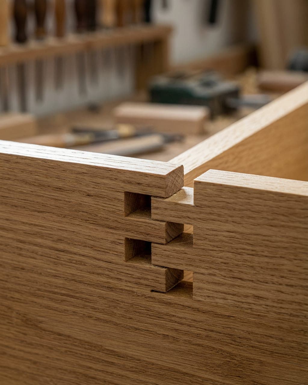 Close-up of a precision dovetail joint in natural oak