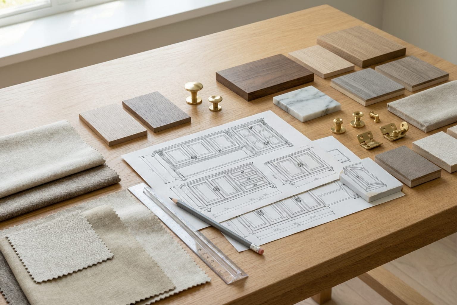 NVF design studio table with cabinetry drawings, veneer samples and material swatches