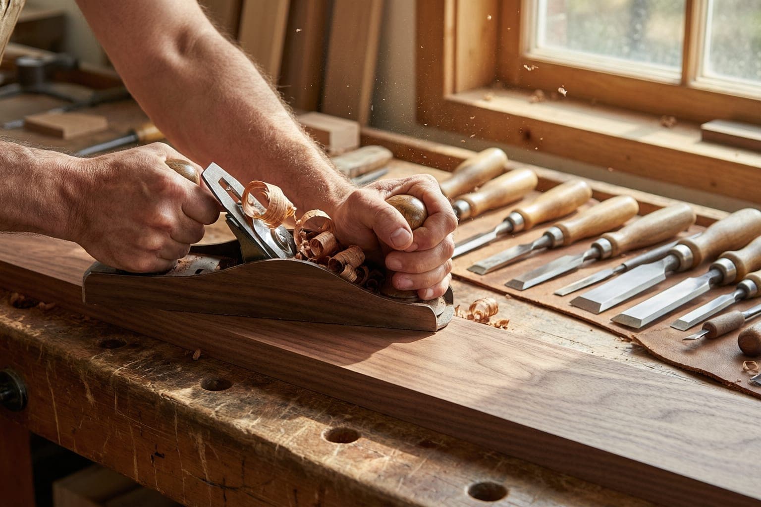 NVF craftsman hand-planing walnut at the joinery workshop bench