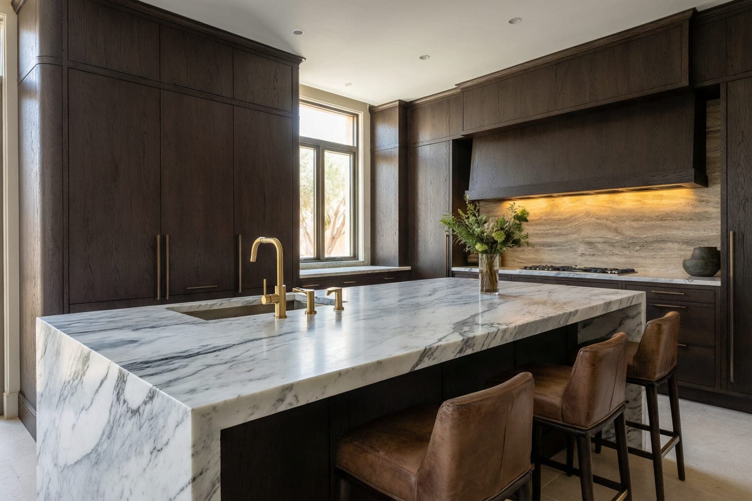 Bespoke kitchen with dark oak cabinetry and a Calacatta marble island