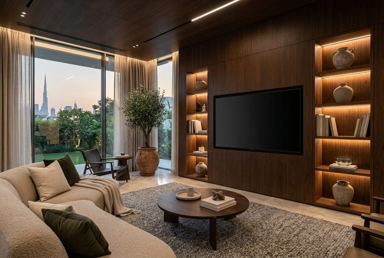 Luxury living room with floor-to-ceiling walnut panelling and backlit display shelving