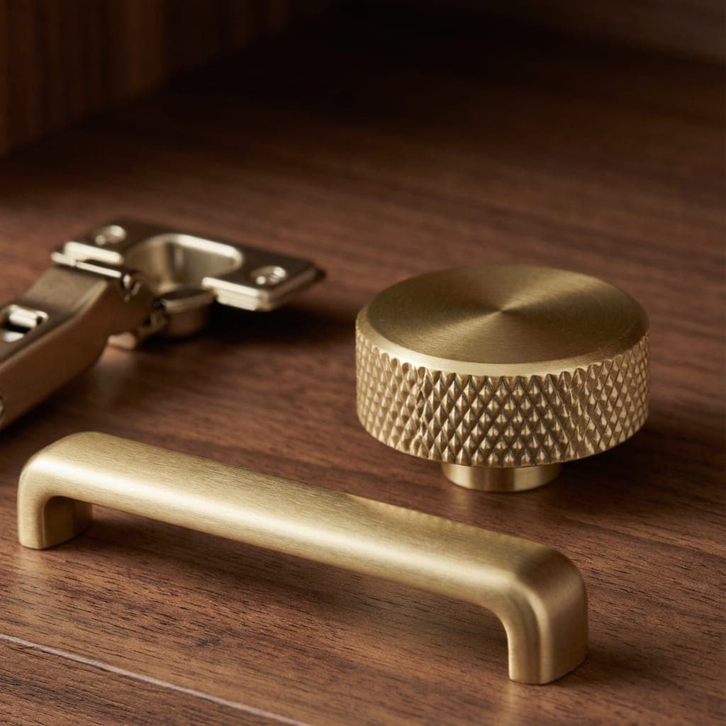 Solid brass handle, knurled knob and soft-close hinge on walnut