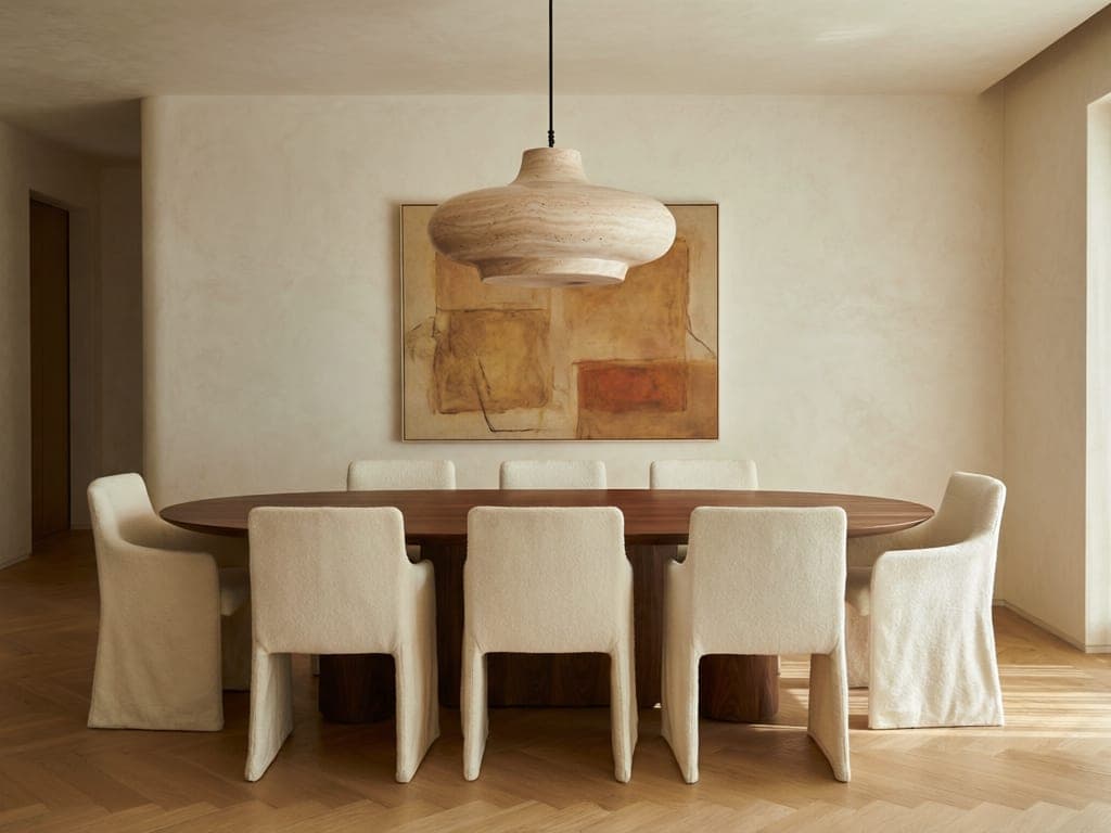 Dining room with a custom oval walnut table and sculptural pendant light