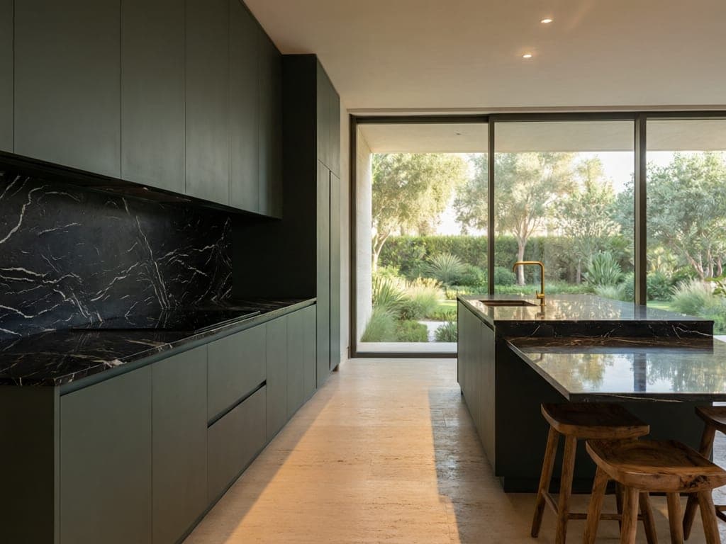 Modern bespoke kitchen with dark cabinetry and black marble worktops