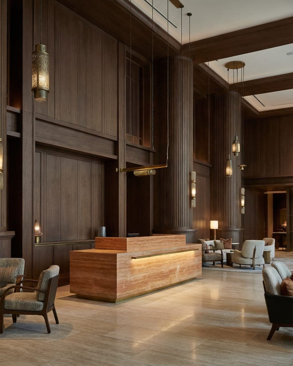 Boutique hotel lobby with double-height wood panelling and a travertine desk