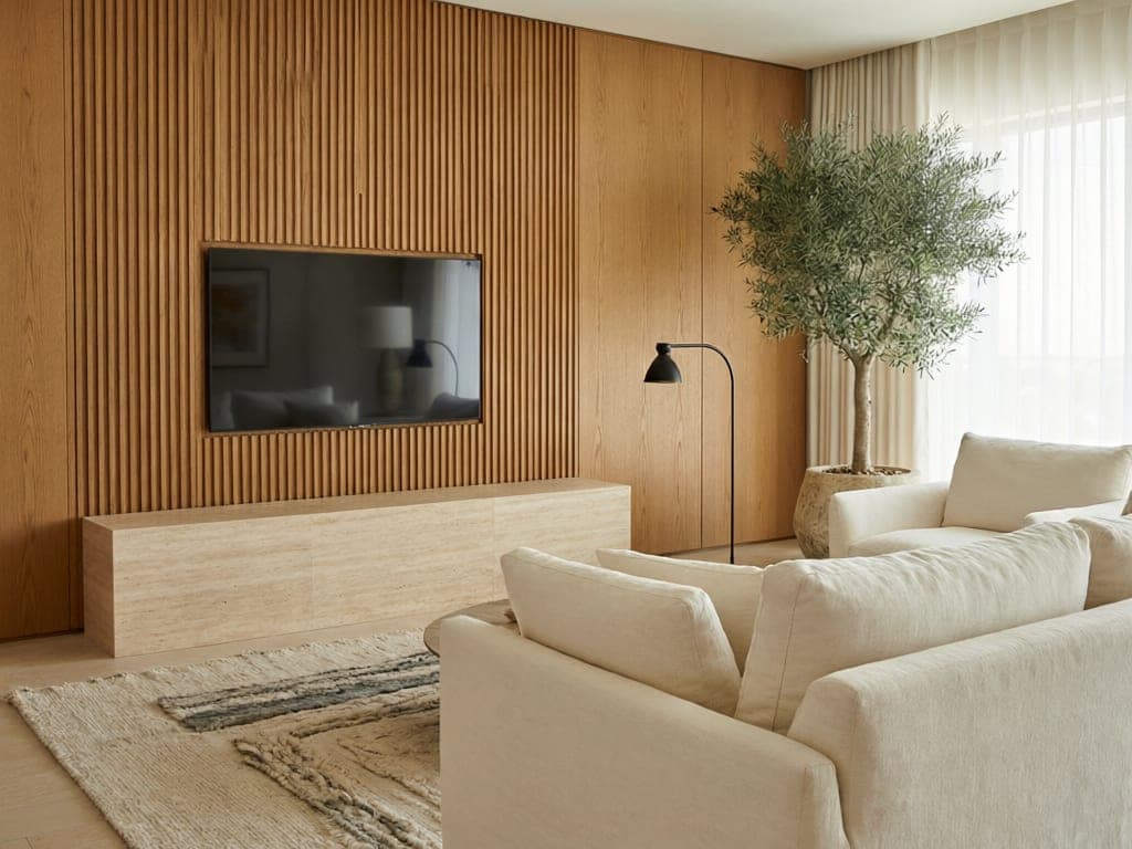 Living room with floor-to-ceiling oak slat wall panelling and a travertine console