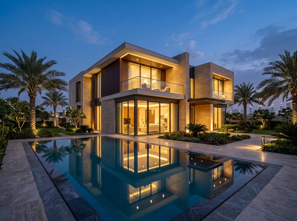 Modern luxury villa exterior at dusk with a pool and warm interior lighting