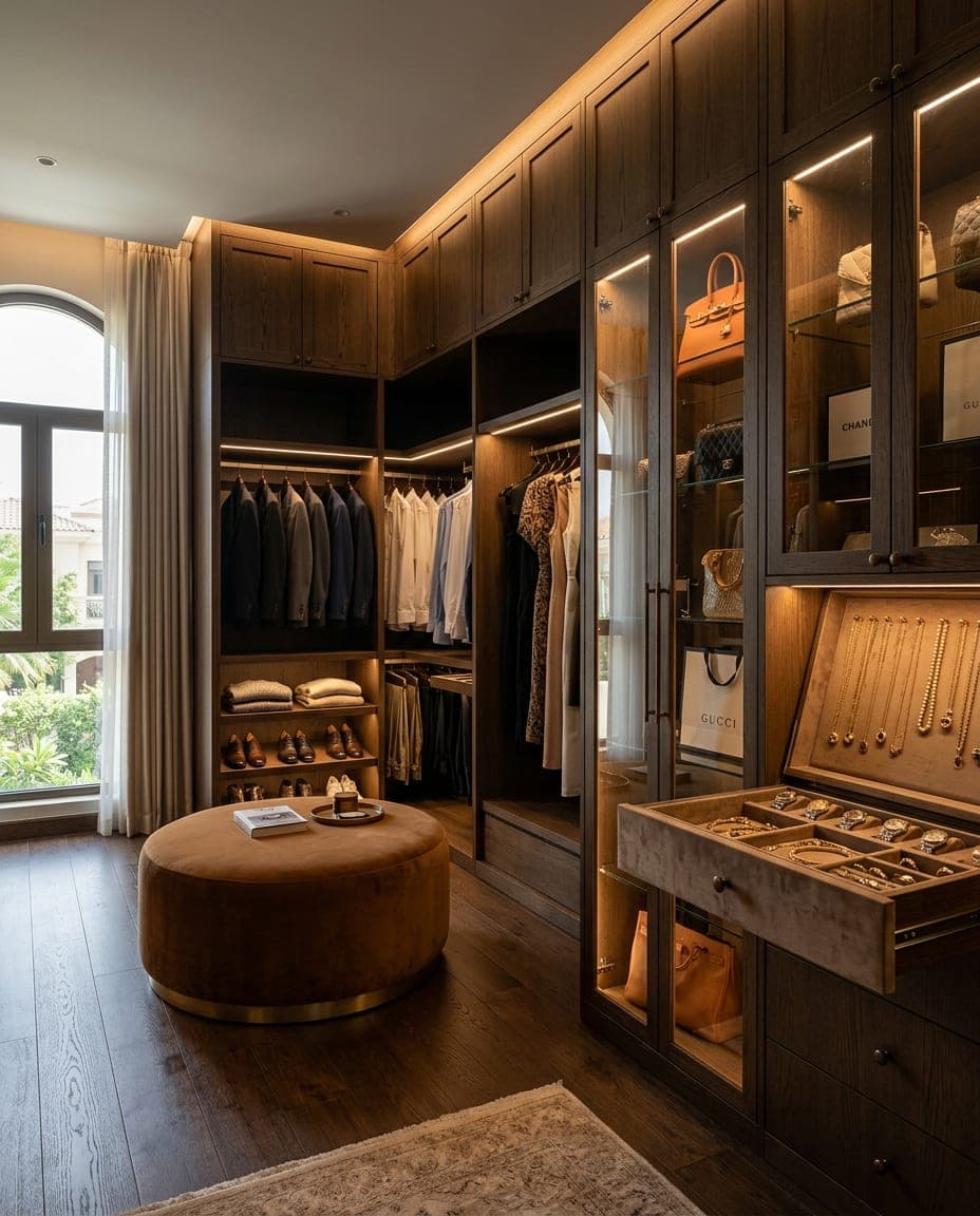 Walk-in wardrobe with smoked oak cabinetry and glass display cabinets