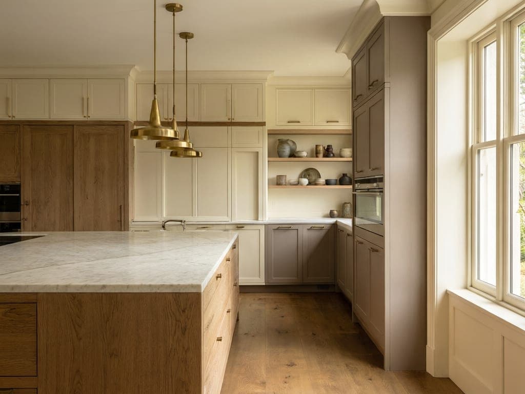 Bespoke luxury kitchen with a marble island, brass pendants and custom cabinetry